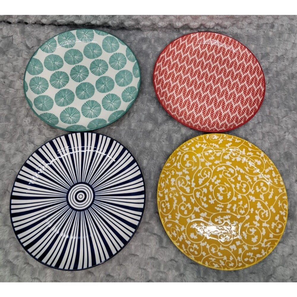 Set 4 Selamica Porcelain Salad Plates 8" Colorful Geometric Ceramic Dinnerware